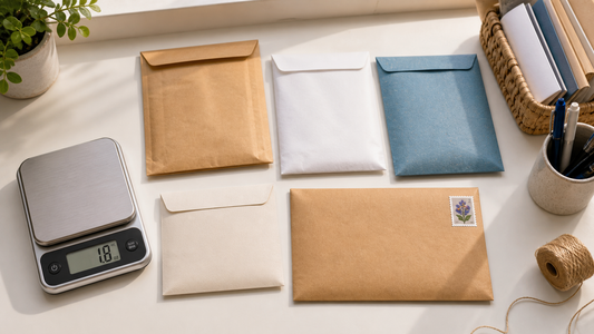 2 Ounce Stamp beside a scale and five heavy envelopes