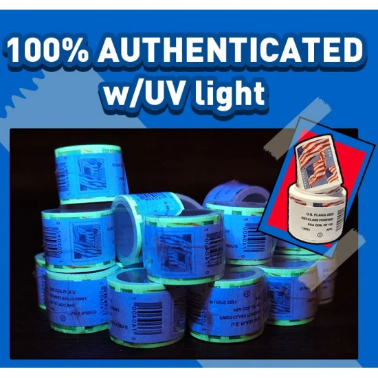Coils of US Flag Forever stamps glowing under UV light with the words 100% Authenticated w/UV light