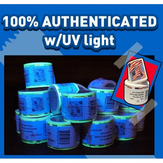 Coils of US Flag Forever stamps glowing under UV light with the words 100% Authenticated w/UV light