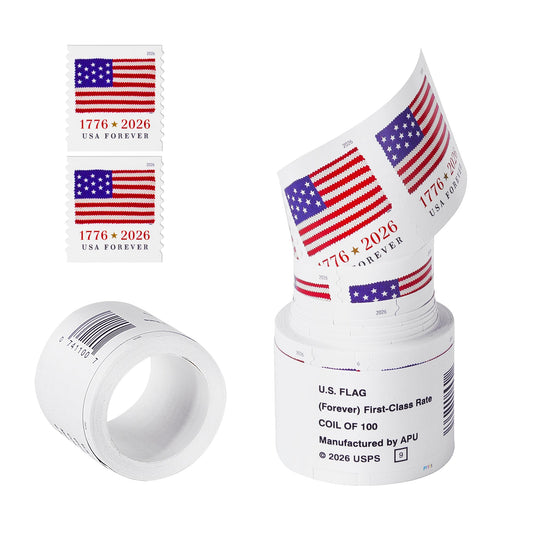 Coil of 100 and two single 2026 US Flags Forever stamps with a knit flag above 1776 and 2026