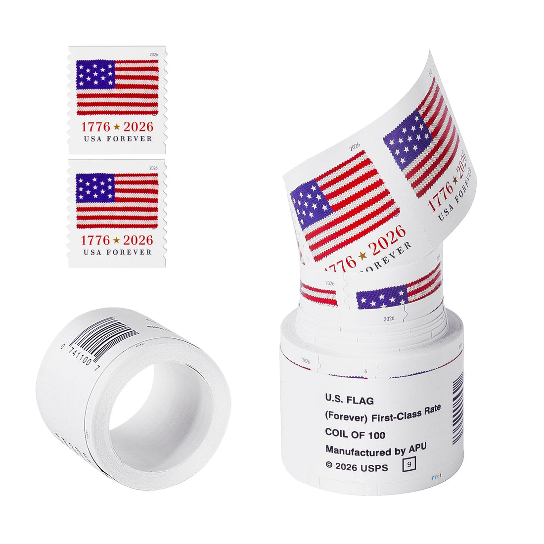 Coil of 100 and two single 2026 US Flags Forever stamps with a knit flag above 1776 and 2026