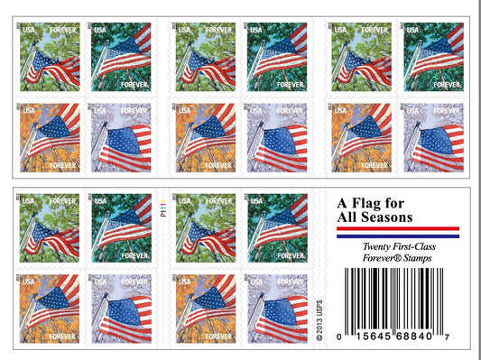 US All Season Flags booklet of 20 Forever stamps, flags over green, autumn and winter trees, with its cover panel