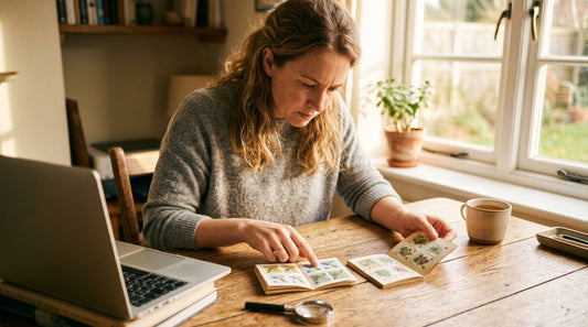 A woman sits at a wooden desk near a sunlit window, comparing two small booklets of postage stamps side by side.