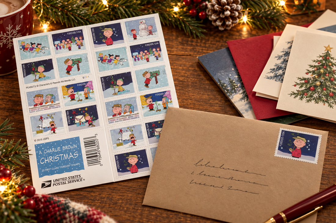 Charlie Brown stamps beside holiday cards