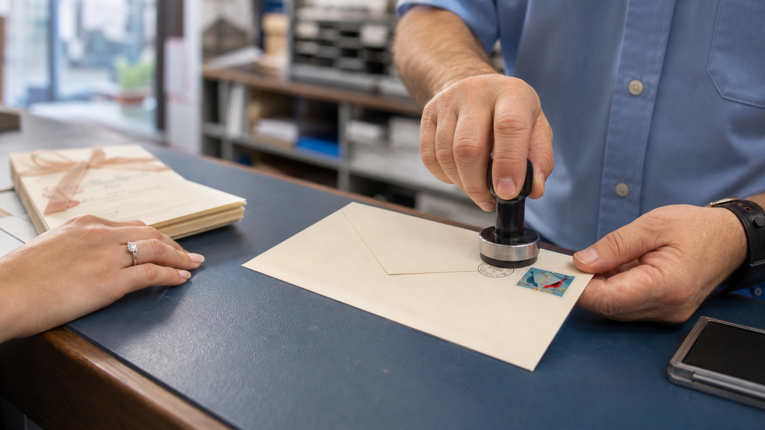 Hand-canceling wedding invitations at a postal counter