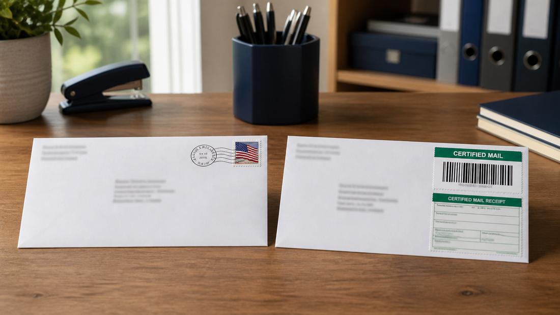 postmarked mail beside a certified mail envelope