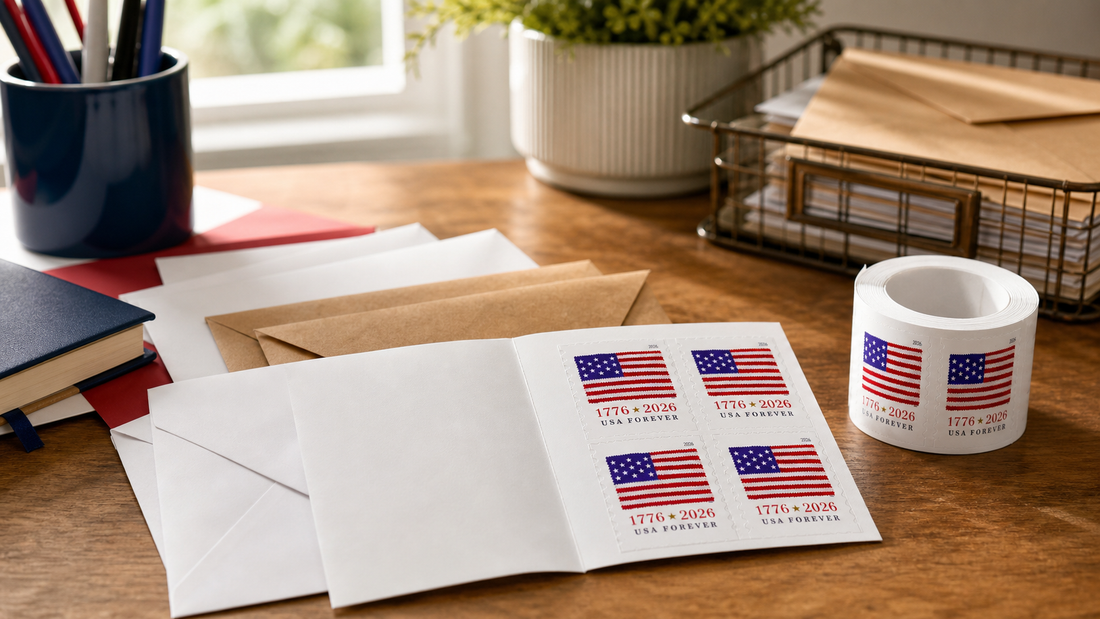 2026 united states flag stamps beside addressed envelopes