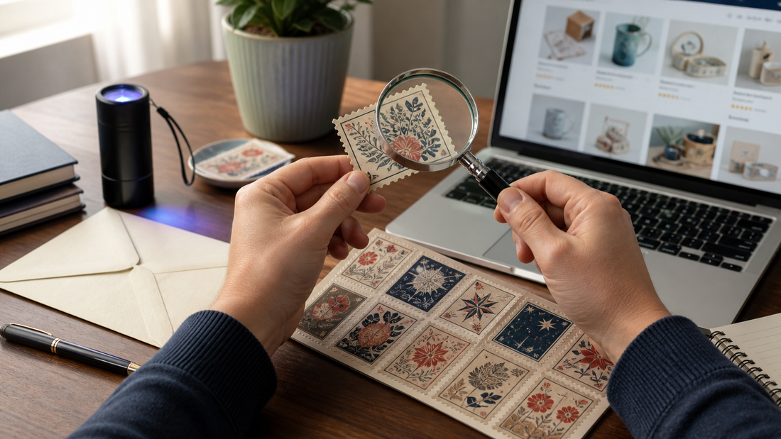fake forever stamps inspection with a magnifying glass and uv light