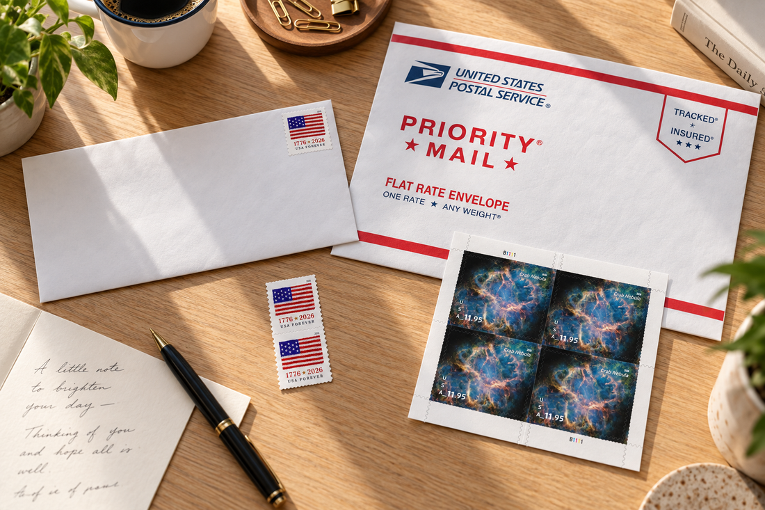 Priority Mail flat rate envelope beside a letter with a flag stamp and a handwritten note