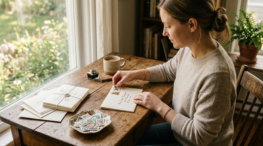 A woman sits at a wooden desk near a sunlit window, pressing a colorful forever stamp onto a cream envelope.