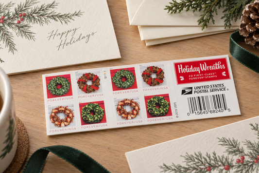 Holiday Wreath Forever stamps beside Christmas cards