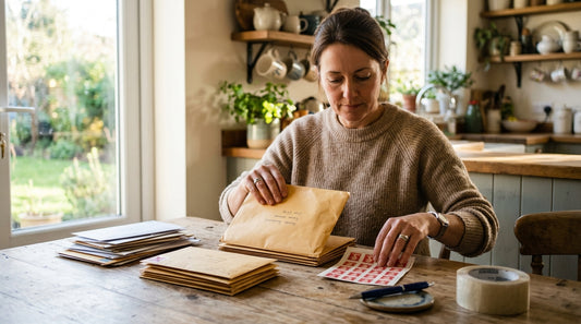 A person at a kitchen table sorts a stack of manila envelopes under warm morning light streaming through a window.