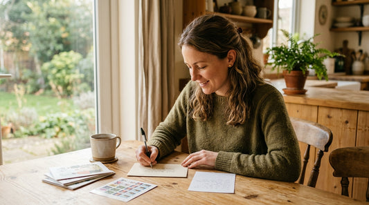 Close-up of a woman hand-addressing an envelope at a kitchen table, return address in the top-left corner and stamp in the top-right