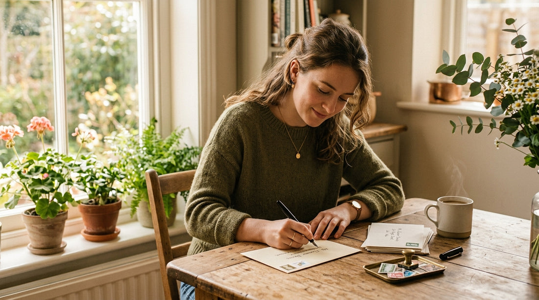 A young woman sits at a wooden kitchen table in warm morning light, carefully writing an address on a cream-colored