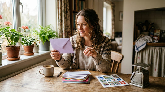 A woman in her early 30s sits at a wooden kitchen table sorting a small stack of envelopes and greeting cards, natural
