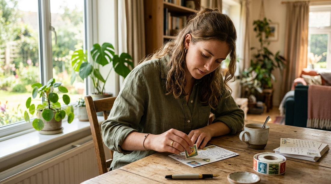 A woman sits at a sunlit wooden table, pressing a colorful postage stamp onto a postcard.