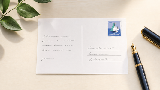 sailboats postage stamp on a postcard in the upper-right corner