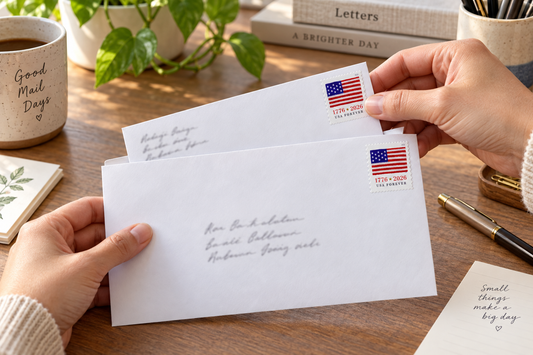 Self-addressed stamped envelope ready for mailing