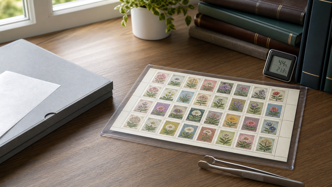 stamp sheets stored flat in an archival sleeve