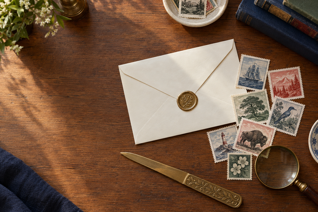 Vintage postage stamps beside an envelope
