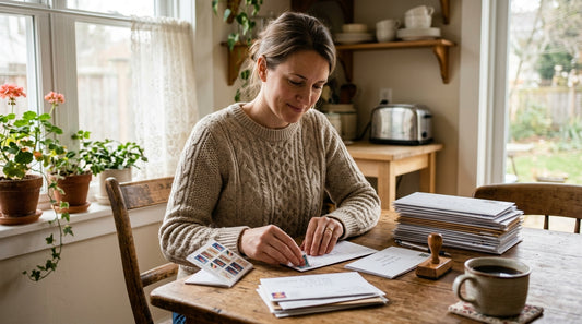 A person sits at a wooden kitchen table sorting envelopes and stamps in warm morning light.