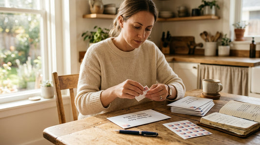 A person sitting at a wooden kitchen table addresses an envelope by hand, a small stack of Forever stamps nearby.