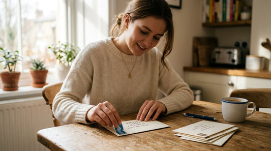 A young woman sits at a wooden kitchen table in warm morning light, carefully pressing a postage stamp onto